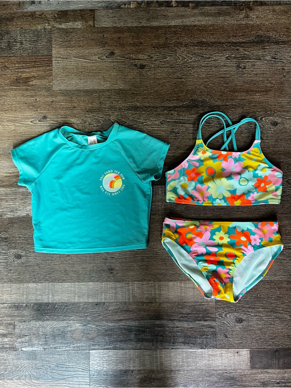 Cat & Jack Turquoise Rash Guard with Bright Floral Bikini Set